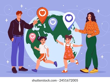 Family with two children playing around a stylized globe with heart icons, on a purple background, concept of love and global unity. Flat vector illustration