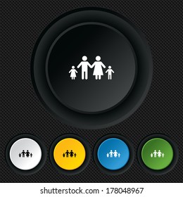 Family with two children sign icon. Complete family symbol. Round colourful buttons on black texture. Vector