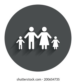 Family with two children sign icon. Complete family symbol. Circle flat button with shadow. Modern UI website navigation. Vector