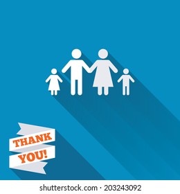Family with two children sign icon. Complete family symbol. White flat icon with long shadow. Paper ribbon label with Thank you text. Vector