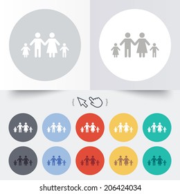 Family with two children sign icon. Complete family symbol. Round 12 circle buttons. Shadow. Hand cursor pointer. Vector