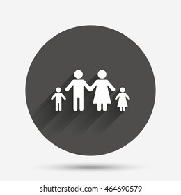 Family with two children sign icon. Complete family symbol. Circle flat button with shadow. Vector