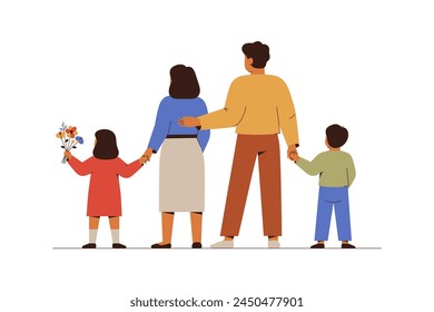 Family with two children stand together back view. Parents hold by hands their kids. Family friendly and unity concept. Childcare and parenting concept. Flat Vector illustration