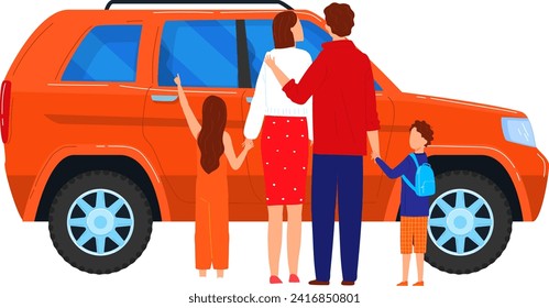 Family with two children standing by orange SUV. Parents and kids ready for road trip. Weekend getaway vector illustration.