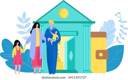 Family with two children standing near a bank building. Mother, father holding baby, and young girl together for finance education. Financial planning for future vector illustration.