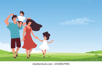 Family with two children walking in the park, banner with copy space for text. Happy mom and dad are walking with their son and daughter on vacation in nature, spring landscape background. Vector flat