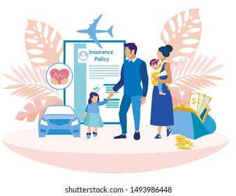 Family with Two Daughters in Insurance Company. Insurance Policy. Vector Illustration. Reliable Protection. Insurance Case. Travel Life. Blue Car. Insurance Contract Payments.