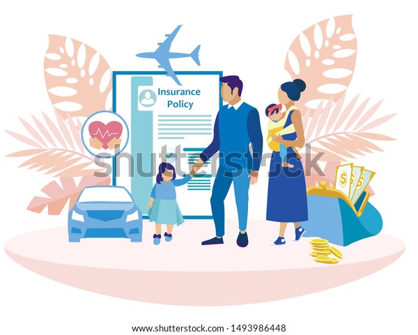 Family with Two\
Daughters in Insurance Company. Insurance Policy. Vector\
Illustration. Reliable Protection. Insurance Case. Travel Life.\
Blue Car. Insurance Contract\
Payments.