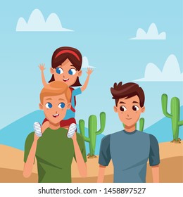 Family two fathers with children holdinh backpack in the desert camoing adventure ,vector illustration.