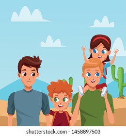 Family two fathers with daughter and son holding backpacks in the desert camoing adventure ,vector illustration.