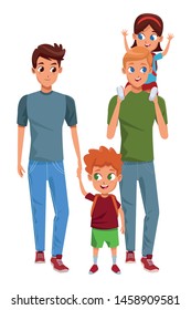 Family two fathers with daughter and son holding school backpacks isolated vector illustration graphic design