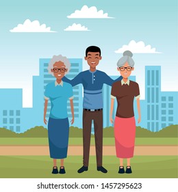 Family two grandmothers with adulttt afro grandson in the city park scenery ,vector illustration graphic design.