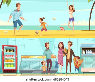 Family two horizontal  banners with adults and children making purchase in shop interior and resting on sea beach flat cartoon vector illustration