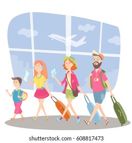 Family with two kids in airport. Travelers - mother, father, children - with luggage. Flat vector illustration of happy summer vacation. Relatives tourists together with bags walking to plane.