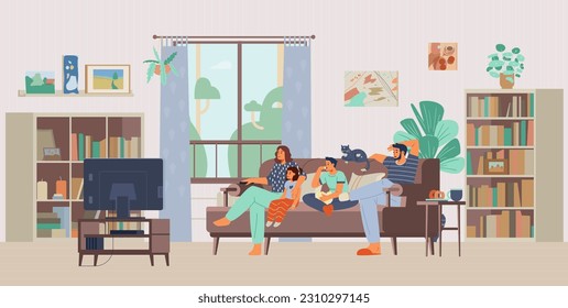 Family with two kids and a cat watching TV together at home. Parents with kids sitting on the couch in the living room flat vector illustration.