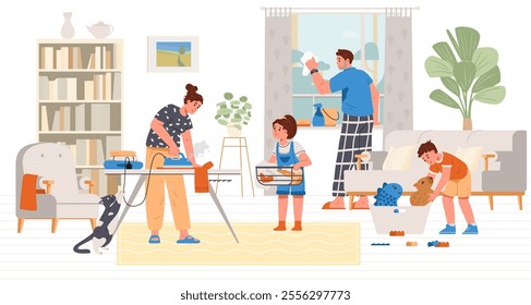 Family with two kids cleaning the living room flat vector illustration. Family doing house chores together.