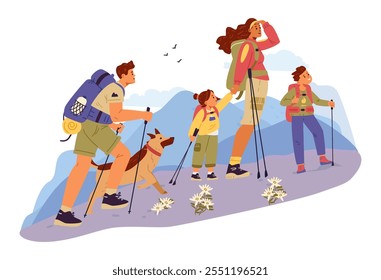 Family with two kids and a dog hiking on the mountains flat vector illustration. Family travelling with backpacks and hiking poles.