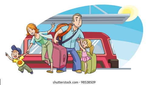 A family with two kids going on vacation by train. Vector. People are grouped separately and can be moved and scaled against background.