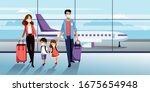 Family with two kids in medical protection masks in airport terminal. Vector illustration. Traveling by airplane during outbreak of coronavirus epidemic. Prevention of seasonal flu disease concept