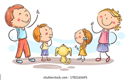 Family With Two Kids And A Puppy Looking Up, Copy Space For Your Design, Vector Illustration