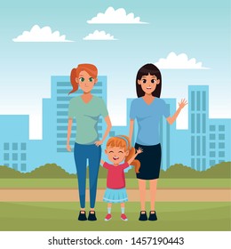 Family two mothers with girl smiling in the city park scenery ,vector illustration graphic design.