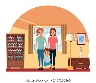 Family two mothers with little son inside home living room scenery ,vector illustration graphic design.