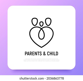 Family, two parents and child symbol. Adoption, parenting logo in heart shape. Modern vector illustration.