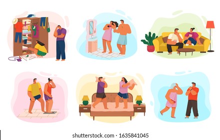Family of two spending time together at home. Life of young couple. Set of lifestyle pictures where man and woman doing everyday things. Daily domestic duties. Vector illustration in flat style