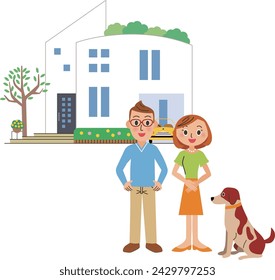 Una familia de dos personas y sus mascotas se alinearon con una casa en el fondo
cultivado