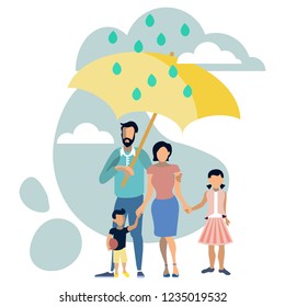 Family With Umbrella Hiding From Rain. Flat Style. Cartoon Vector Illustration