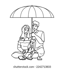 family umbrella line pencil drawing vector. happy daughter, child kid, girl rain, woman summer, mother protection, father nature, happiness, young family umbrella character. people Illustration