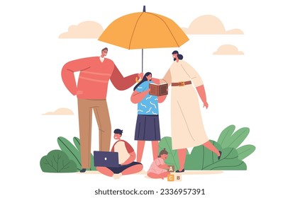 Family Under Protection Concept with Parents and Kids Covered with Umbrella. Safeguarding Of Family Members