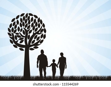 family under tree over grass, blue background. vector illustration