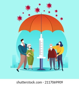 Family Under The Umbrella Avoid Corona Virus Attacks. Corona Protection Concept Modern Flat Cartoon Style.