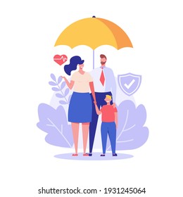 Family under umbrella. Concept of life insurance, protection of health and life of children for travel or vacation. Healthcare and medical service. Vector illustration in flat design