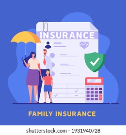 Family under umbrella. Concept of life insurance, protection of health and life of children for travel or vacation. Healthcare and medical service. Vector illustration in flat design