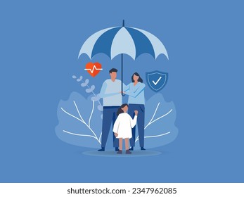 Family under umbrella. Concept of life insurance, protection of health and life of children for travel or vacation. Healthcare and medical service. Vector illustration.
