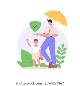 Family under umbrella. Concept of life insurance, protection of health and life of children for travel or vacation. Healthcare and medical service. Vector illustration in flat design