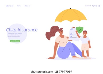 Family under umbrella. Concept of life insurance, protection of health and life of children for travel or vacation. Healthcare and medical service. Vector illustration in flat design