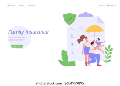 Family under umbrella. Concept of life insurance, protection of health and life of children for travel or vacation. Healthcare and medical service. Vector illustration in flat design