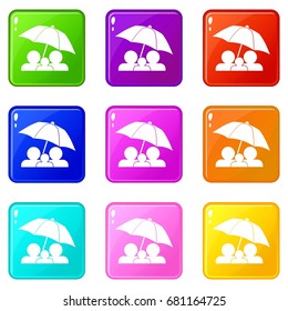 Family under umbrella icons of 9 color set isolated vector illustration