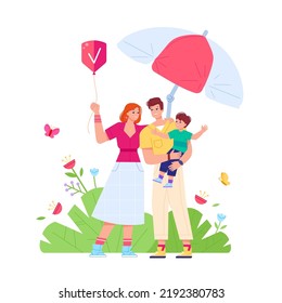 Family under umbrella. Safety feeling parents and children, private life medical insurance health protection security strong relationship in marriage baby care vector illustration of umbrella safety