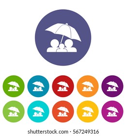 Family under umbrella set icons in different colors isolated on white background