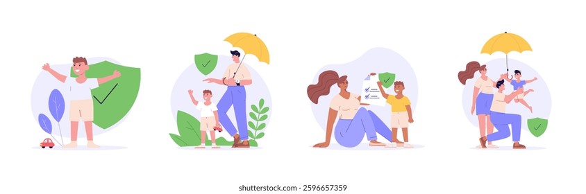 Family under umbrella. Set of life insurance, protection of health and life of children for travel or vacation. Healthcare and medical service. Vector illustration in flat design