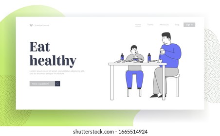 Family Unhealthy Eating Landing Page Template. Fatty Father and Fat Child Sitting at Table with Plenty of Fast Food, Drinking Soda Beverages. Cartoon Flat Vector Illustration, Linear