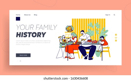Family Unhealthy Eating Website Landing Page. Fatty Mom, Dad and Children Sitting at Table with Plenty of Fat Food Contain Carbs and Oils Web Page Banner. Cartoon Flat Vector Illustration, Line Art