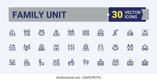 Family Unit icons set in linear style. It contains symbols to work, business, men, family, woman, face, lead and more. Thin linear style icons. Editable vector outline and solid icons.