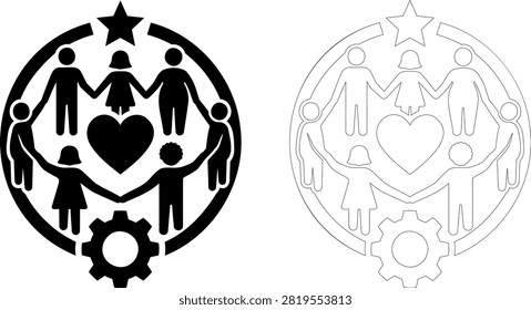 Family unity and diversity holding hands with heart and gear icon Editable