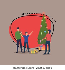 Family unpacking presents flat vector illustration. Boy pleased to get baseball as Christmas gift. New Year, Xmas, family, holiday, celebration concept for banner or web design