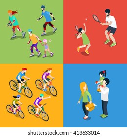 Family Urban Young People Parents Parenting Outdoor Sports Flat 3d Isometric Isometry Web Infographic Concept Vector Icon Set. Roller Rolling Skating Tennis Cycling Picnic. Creative People Collection.